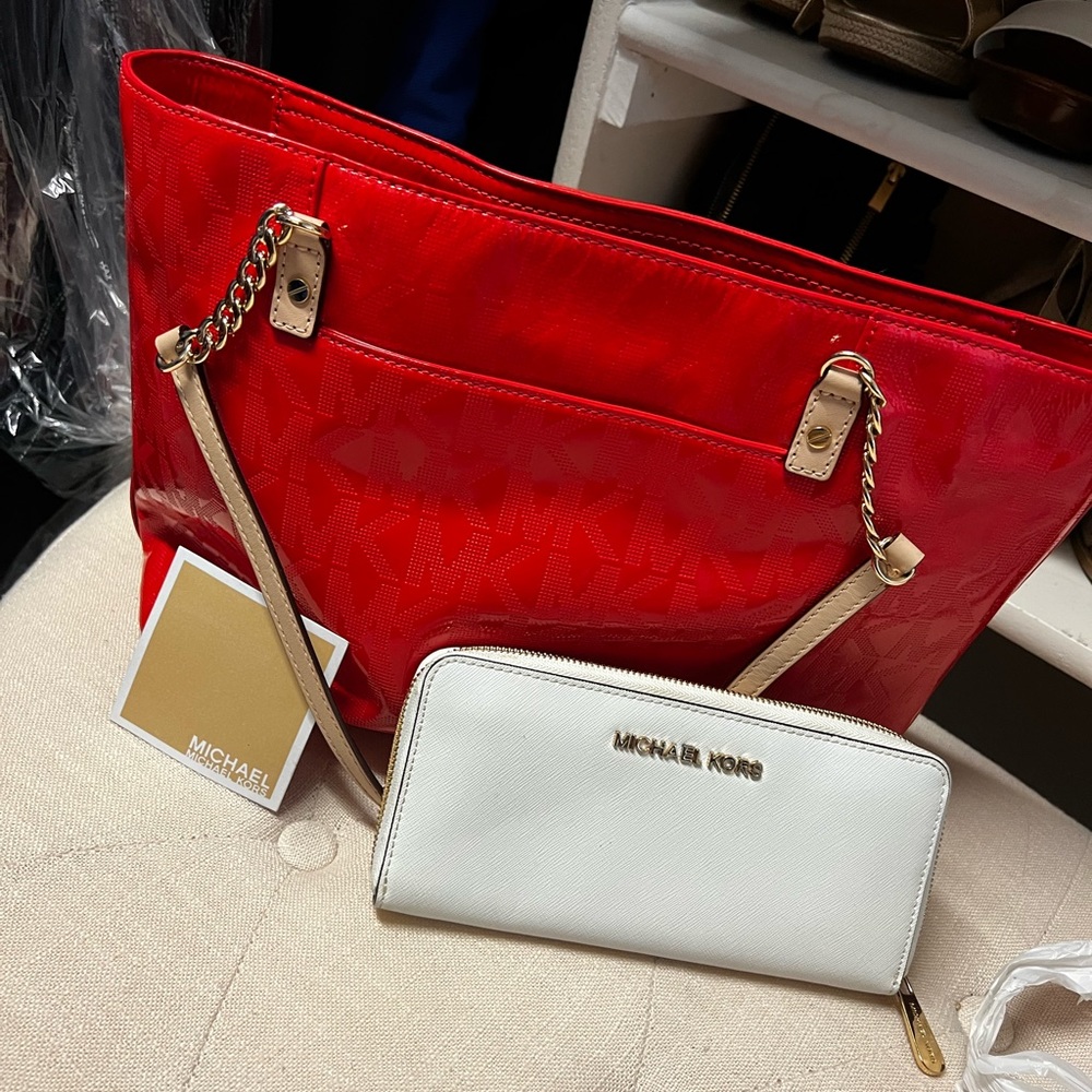 Dark Orange MK bag & white Wallet